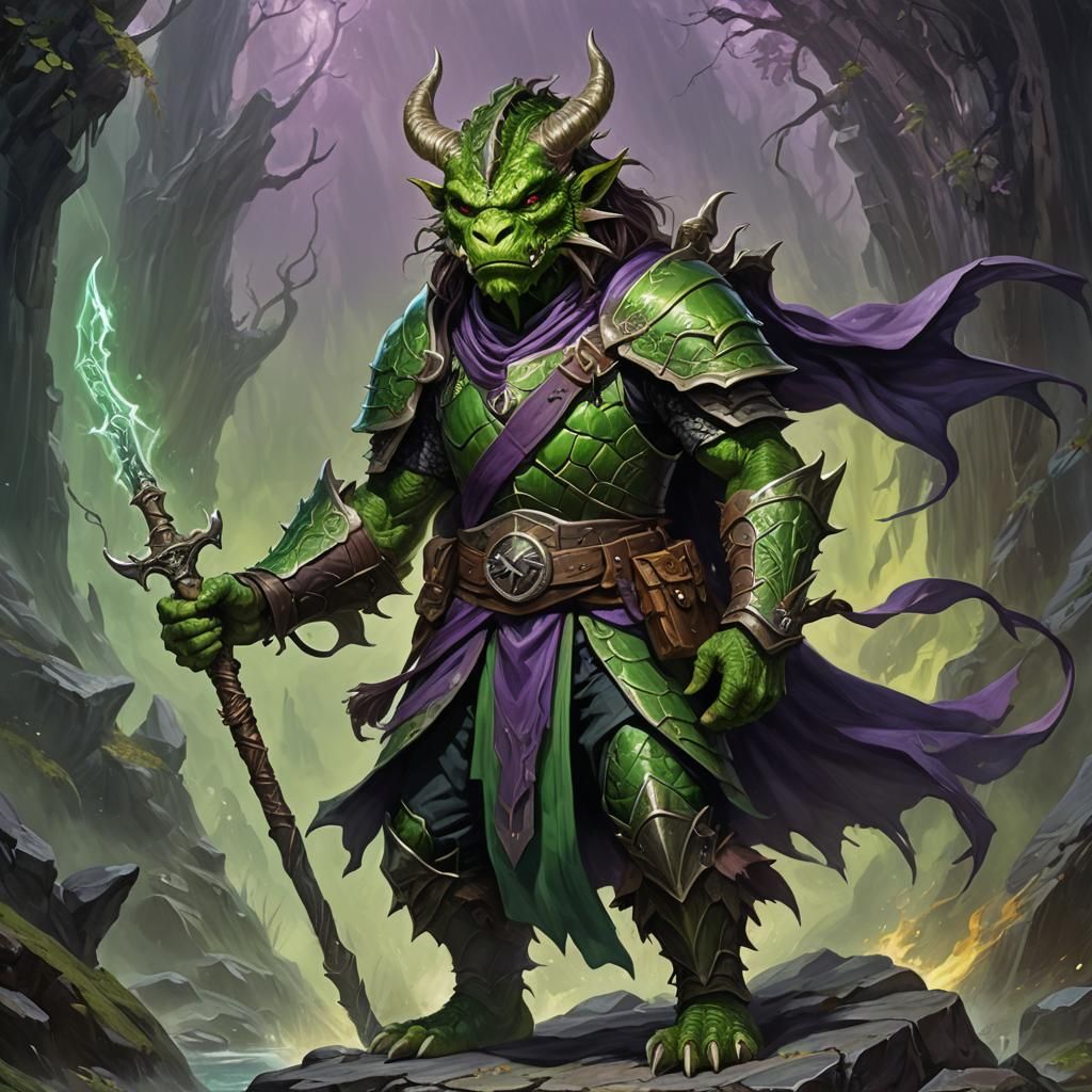 Green Dragonborn with Shillelagh in Oil Painting