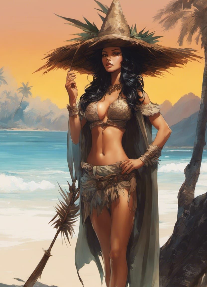 Polynesian Pin-Up Witch on Tropical Beach