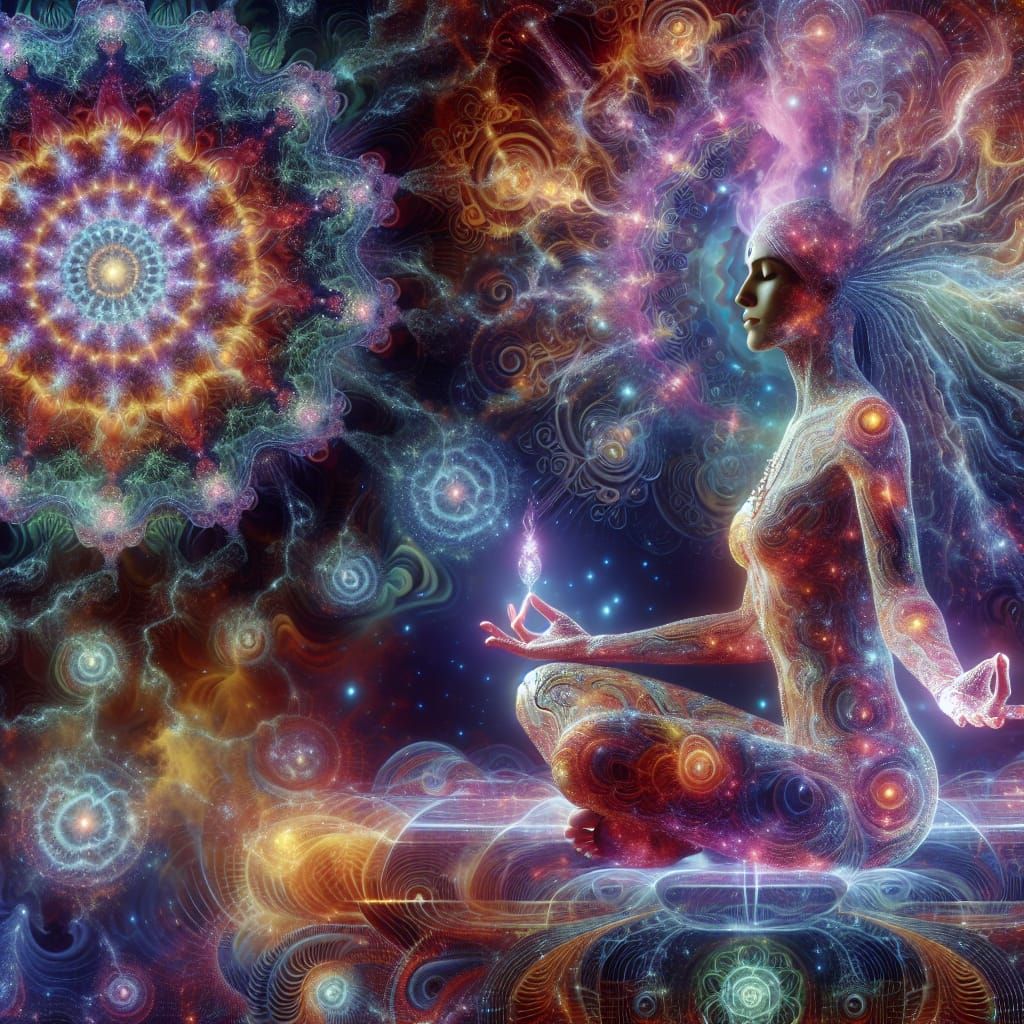 Meditating Woman Rejuvenated by Cosmic Energy