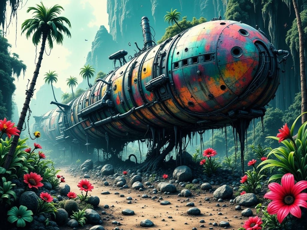 Galactic Blimp Wrecks on a Tropical Paradise