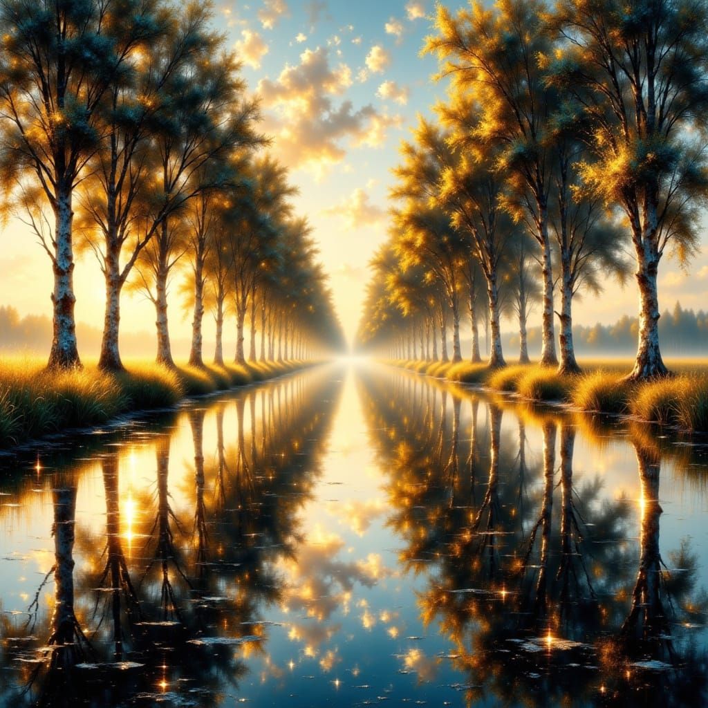 Straight Oak Trees Reflecting in Mirror Lake at Dawn