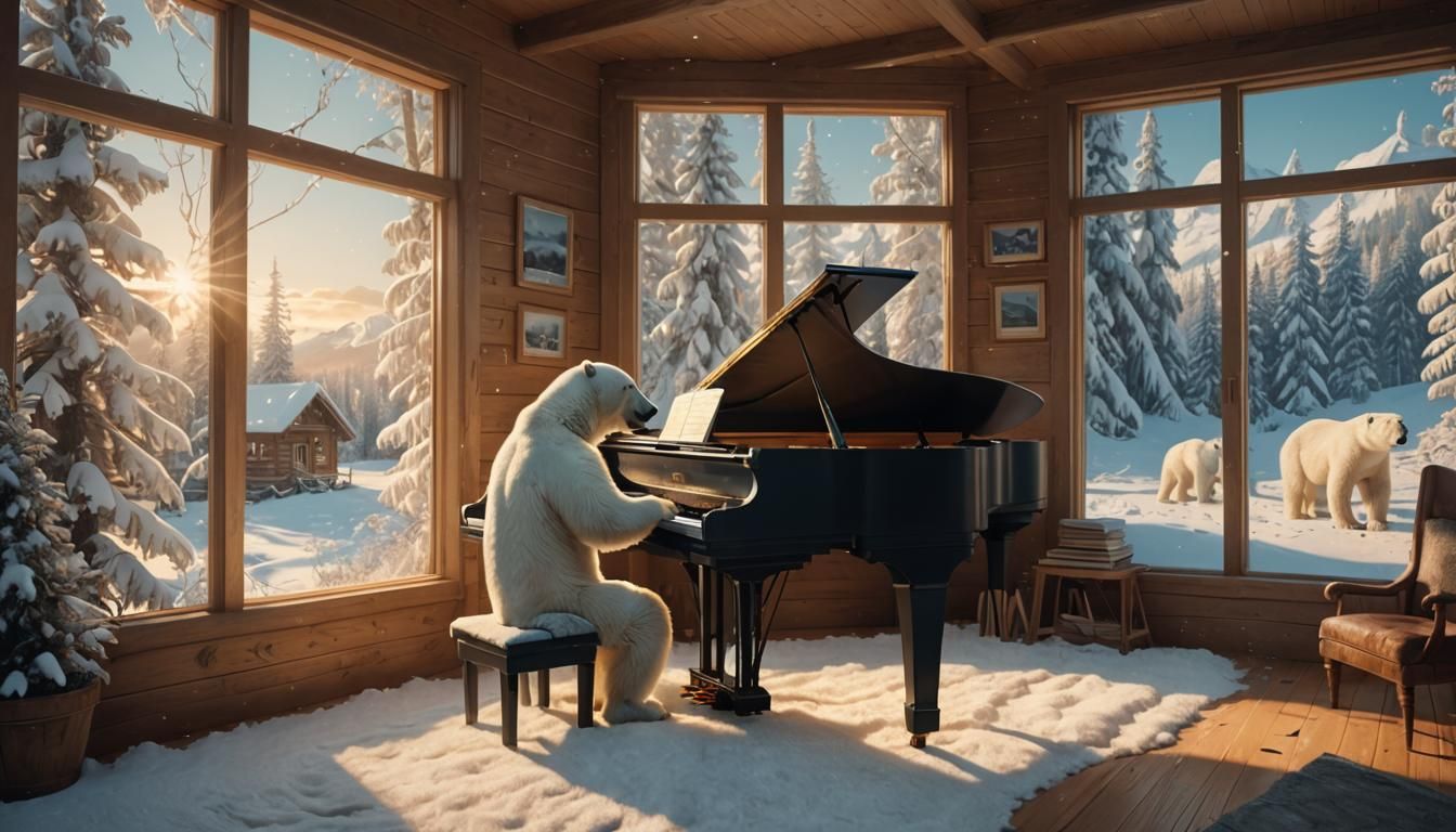 Polar Bear Plays Piano in Snowy Cabin