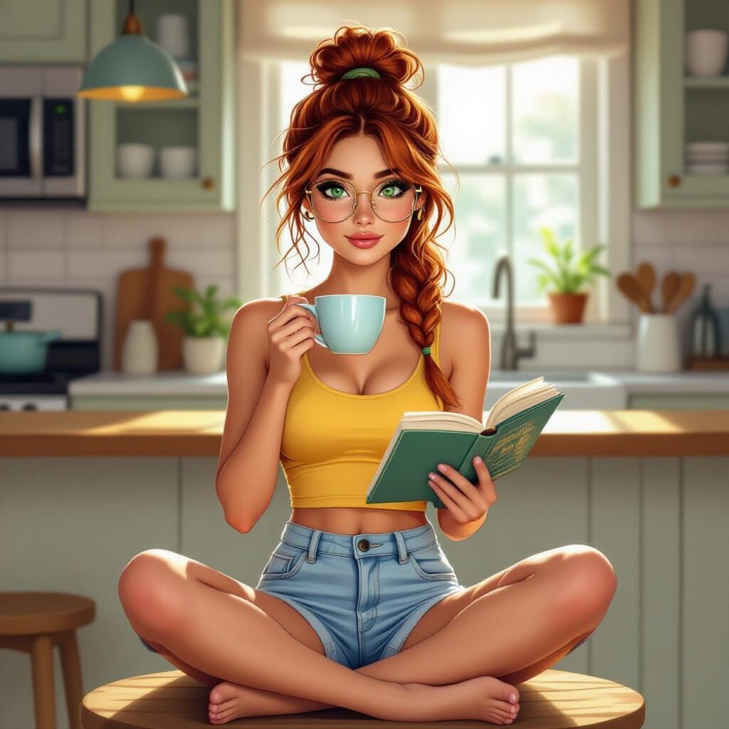 Redhead Woman Reading Book in Kitchen