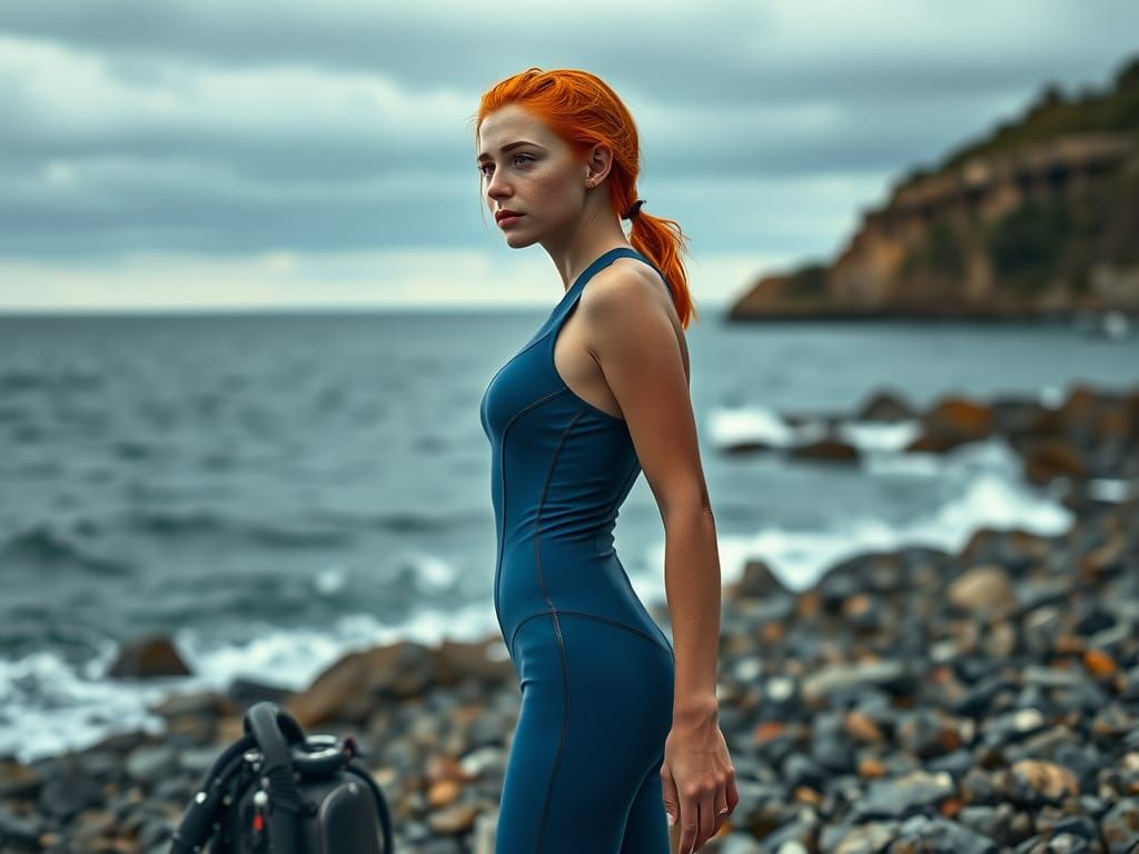 Redhead Scuba Diver on Rocky Beach in Photorealistic Style