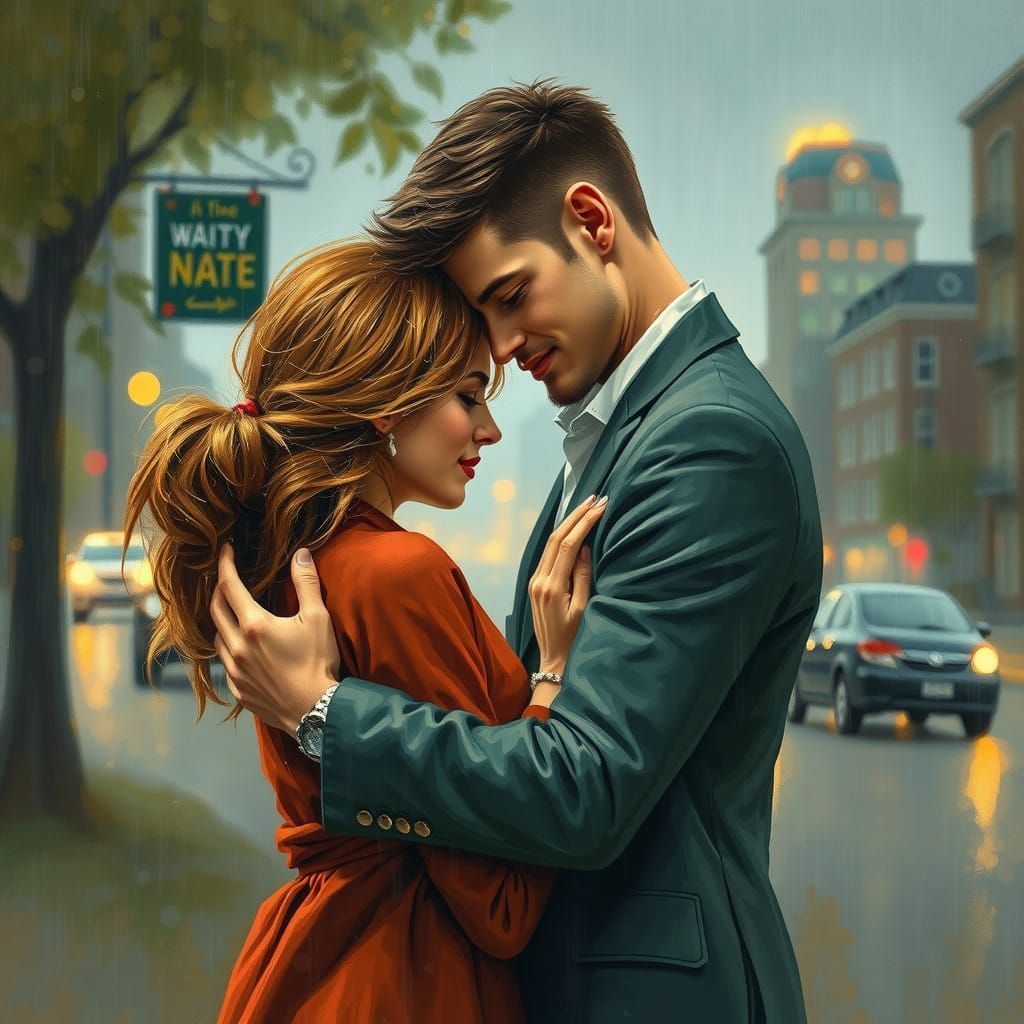 Romantic Couple Embracing in Rainy Season Impressionist Pain...