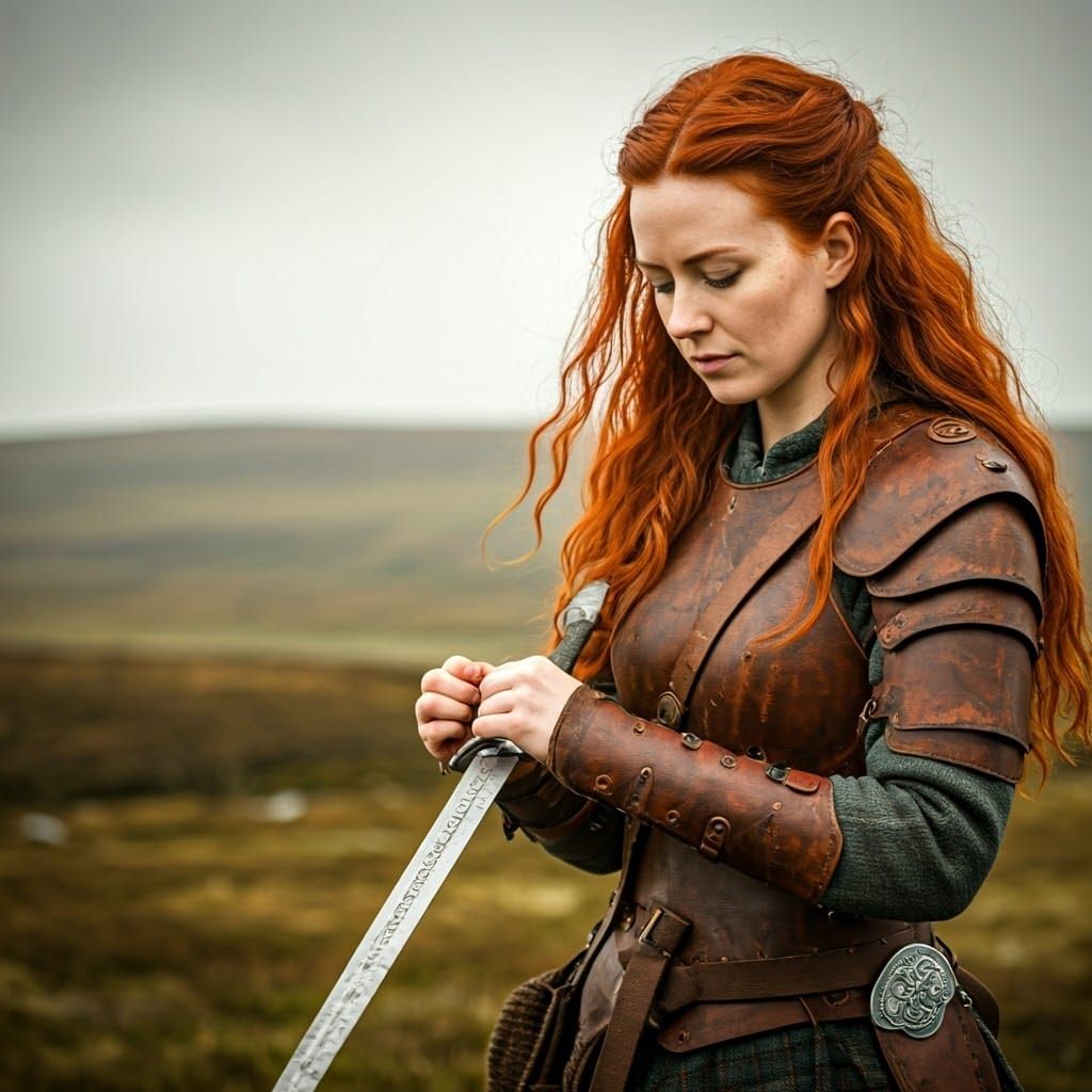 Ethereal Highland Princess Cleans Sword in Soft Morning Ligh...