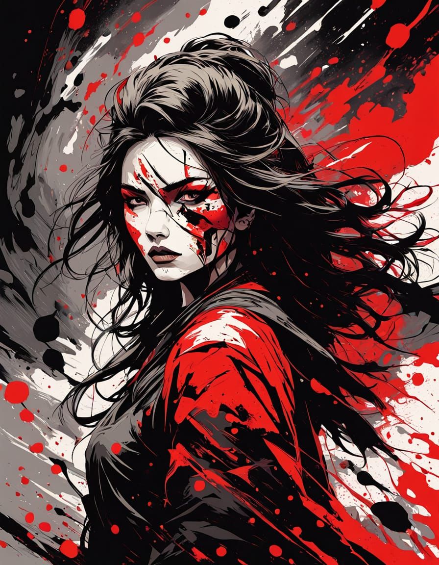 Barbarian Woman in Storm, Ink Splatter Art