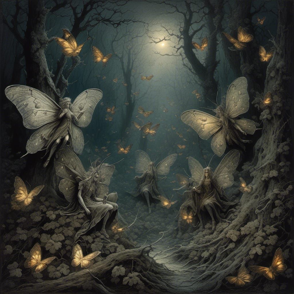 Moth Fairies in Dark Forest, Hyperreal Horror