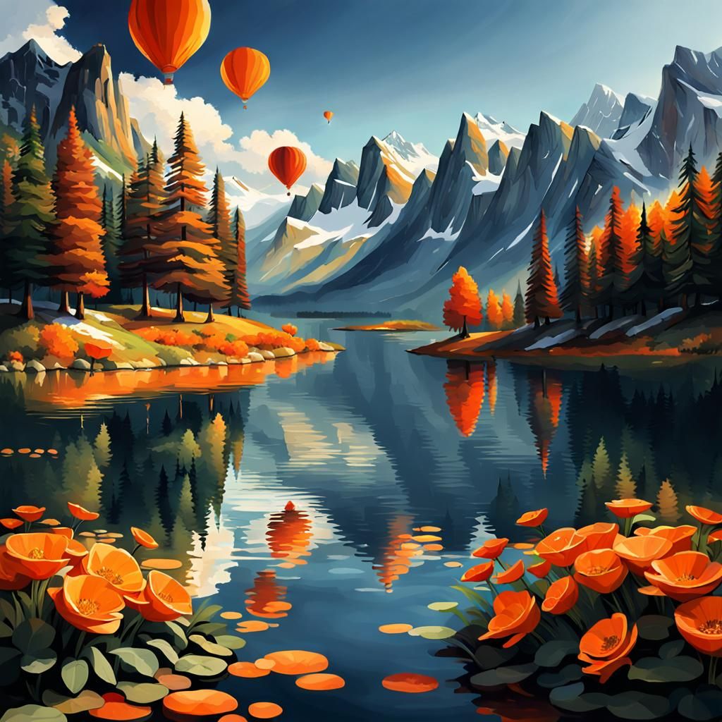 Joyful Orange Landscape with Mountains and Lake