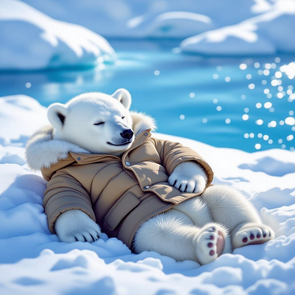 Fluffy Polar Bear Cub Napping in Sunlight