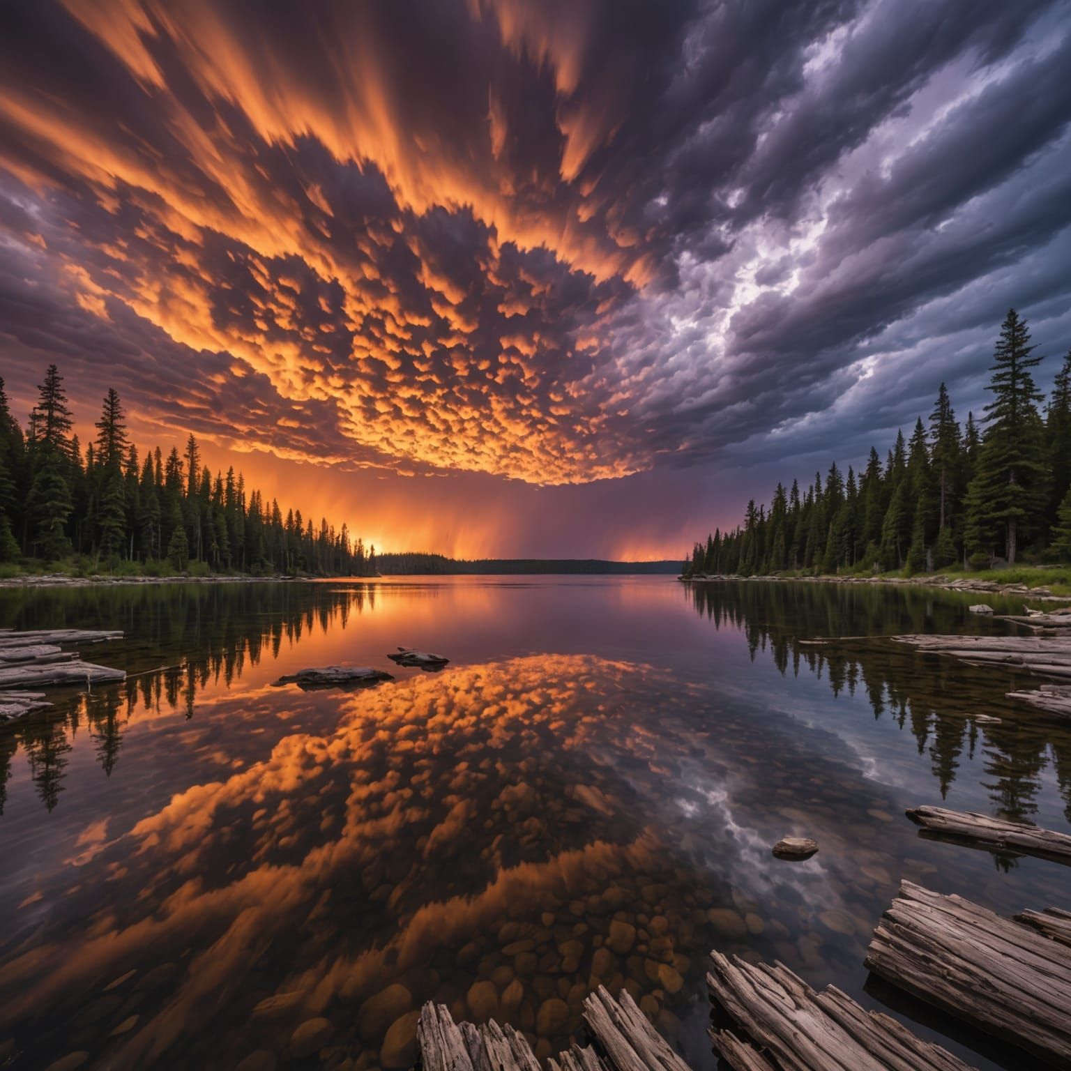 Dramatic Mammatus Clouds Over a Cedar Lake