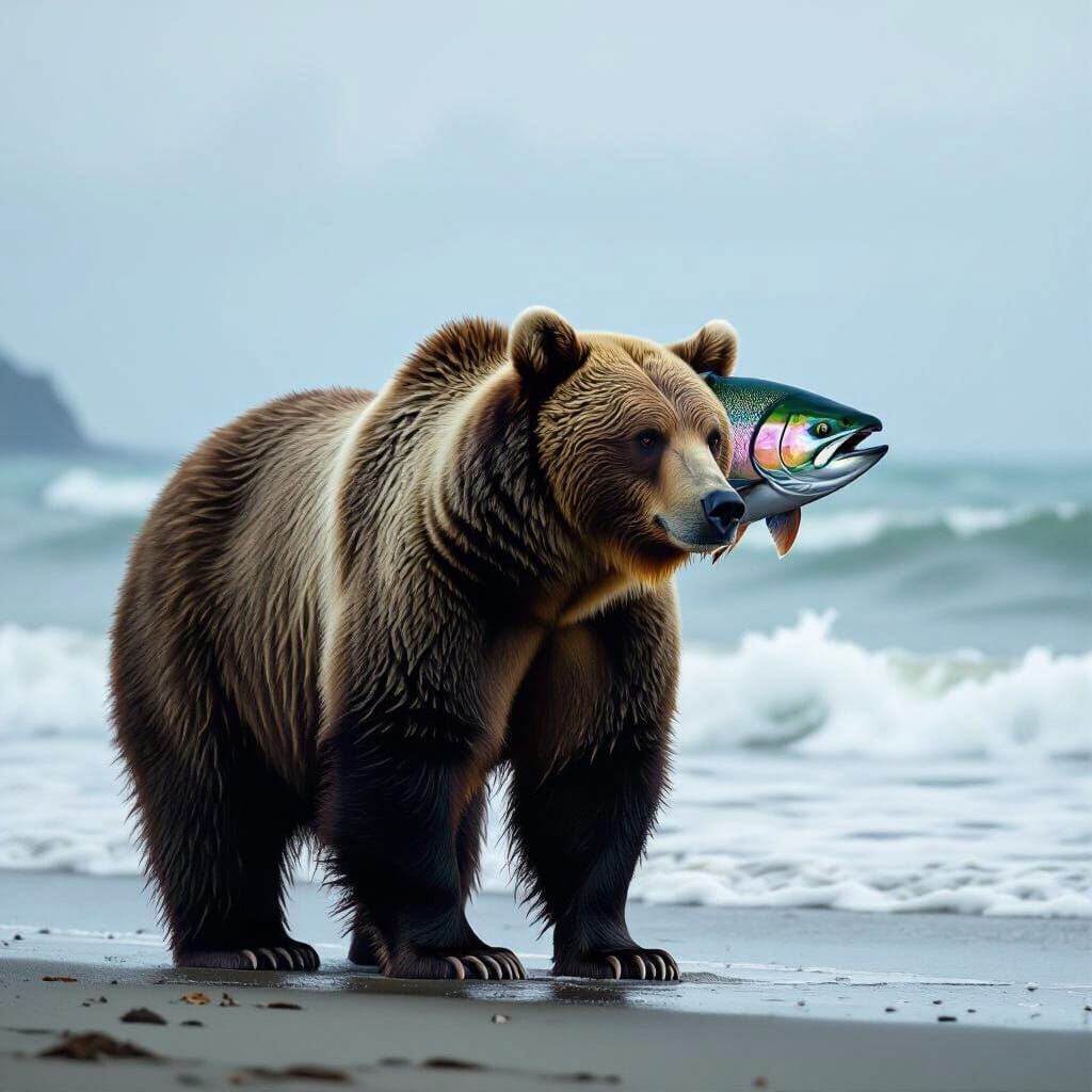 Hybrid Grizzly Bear with Salmon Head on Washington Beach