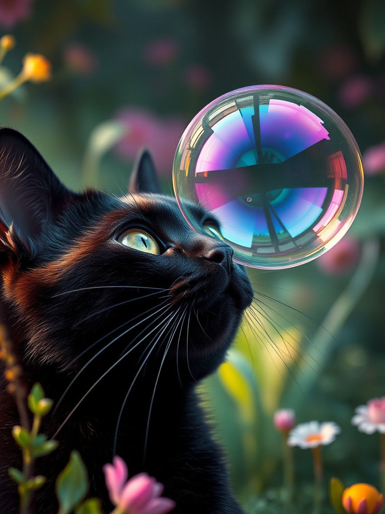 Cat Gazing at Iridescent Bubble, Digital Art