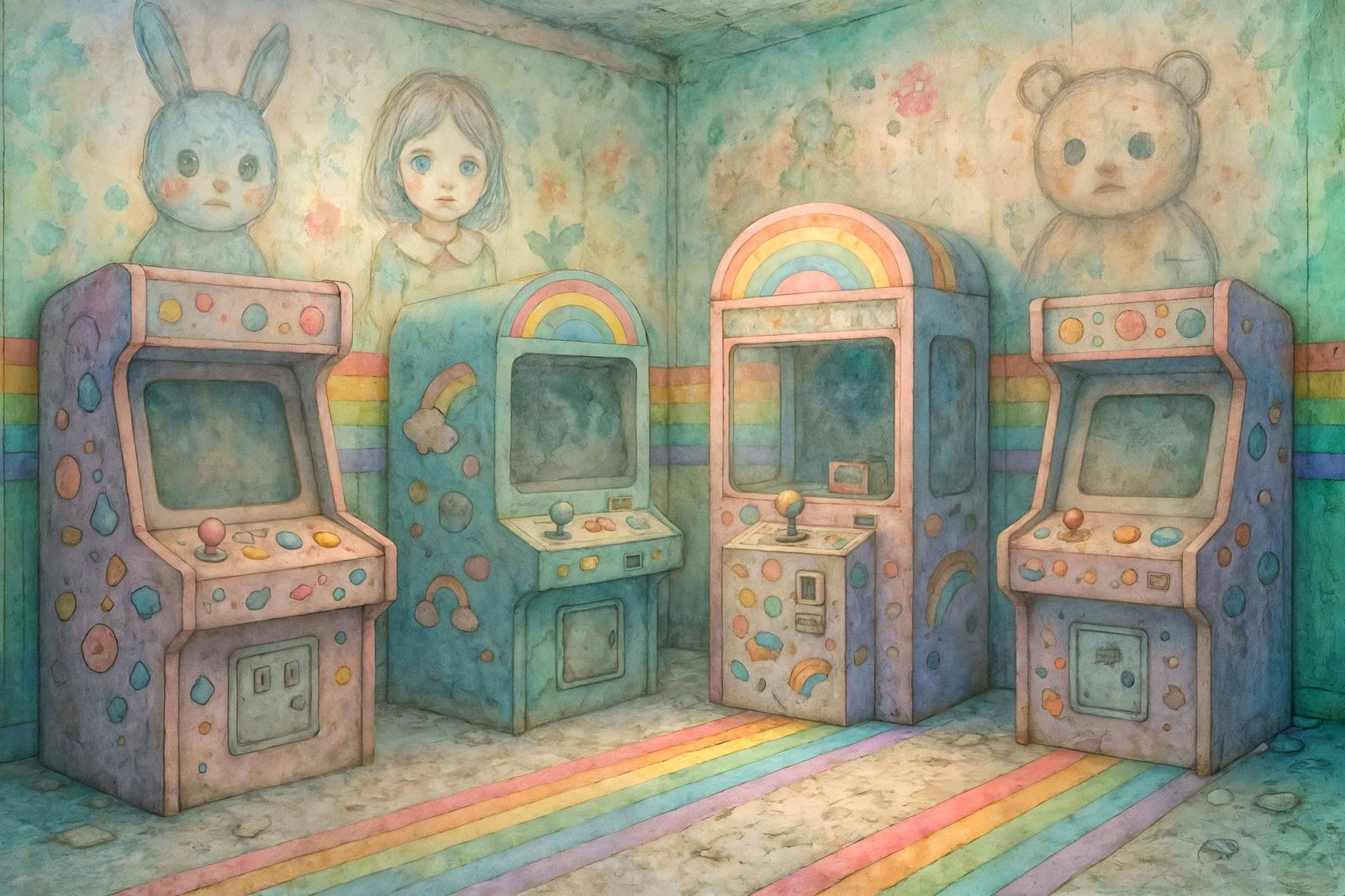 Pastel Arcade in Liminal Space: Watercolor Dream