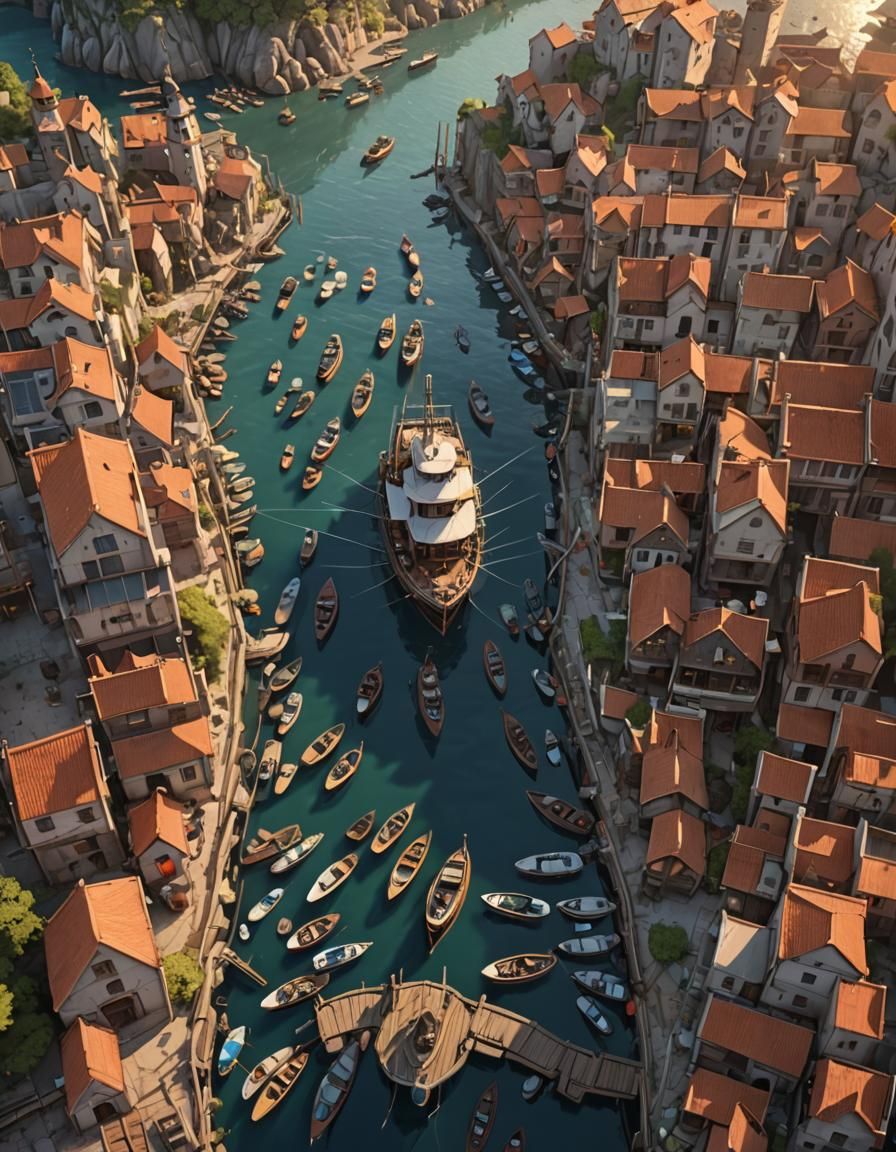 Fantasy Harbour Drone View in 3D Anime Style