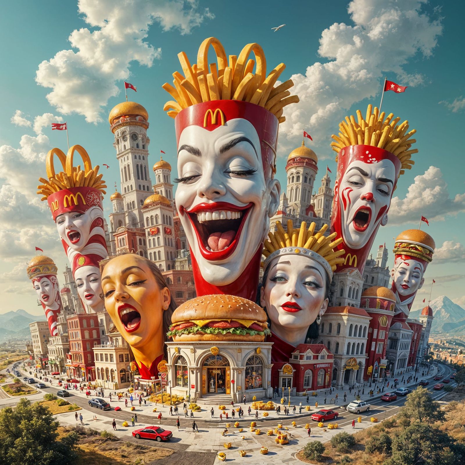 Surrealist Cityscape of McDonald's Food Buildings