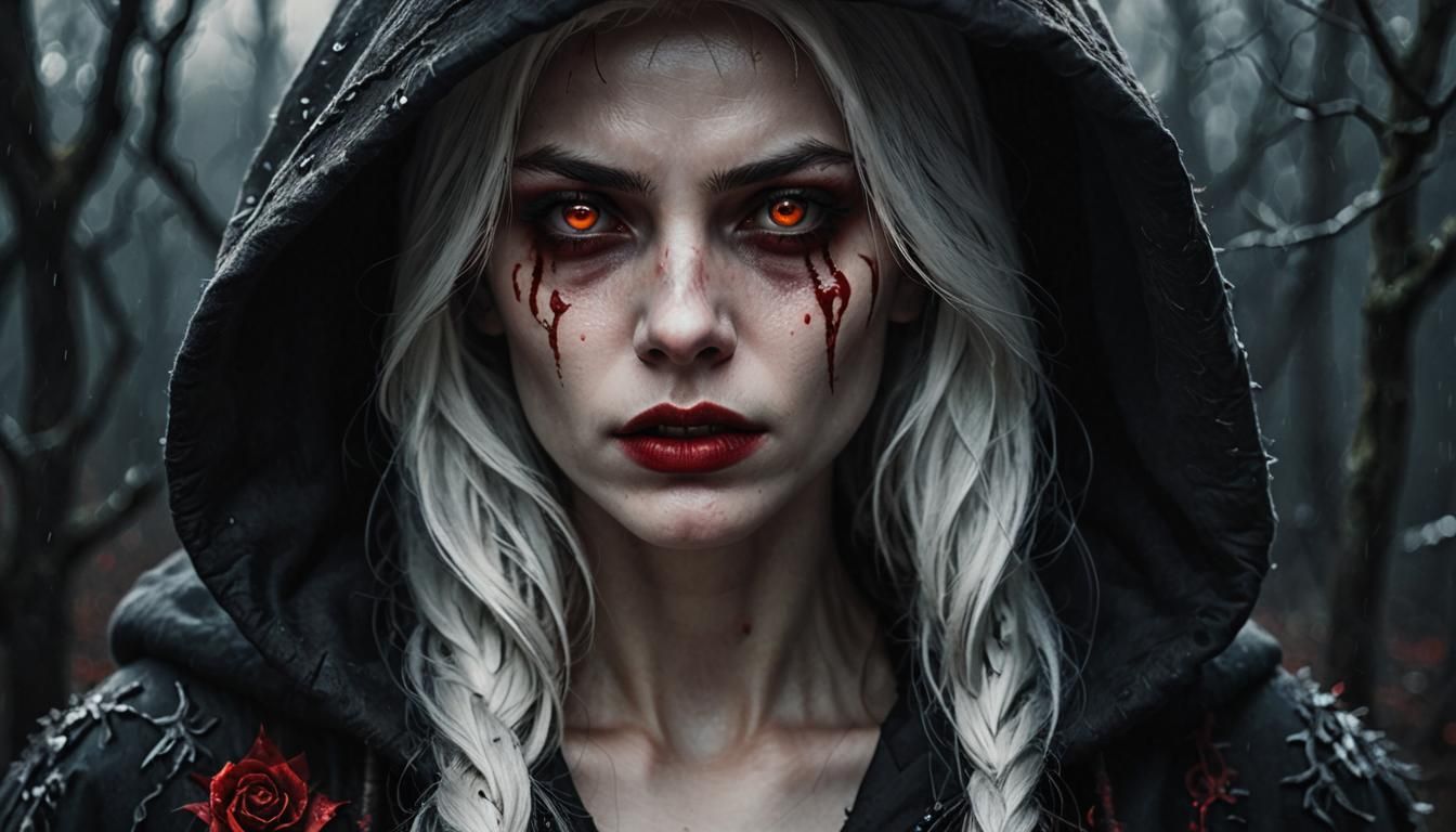 Hooded Woman Portrait: Werewolf Attack in Dark Fantasy Style