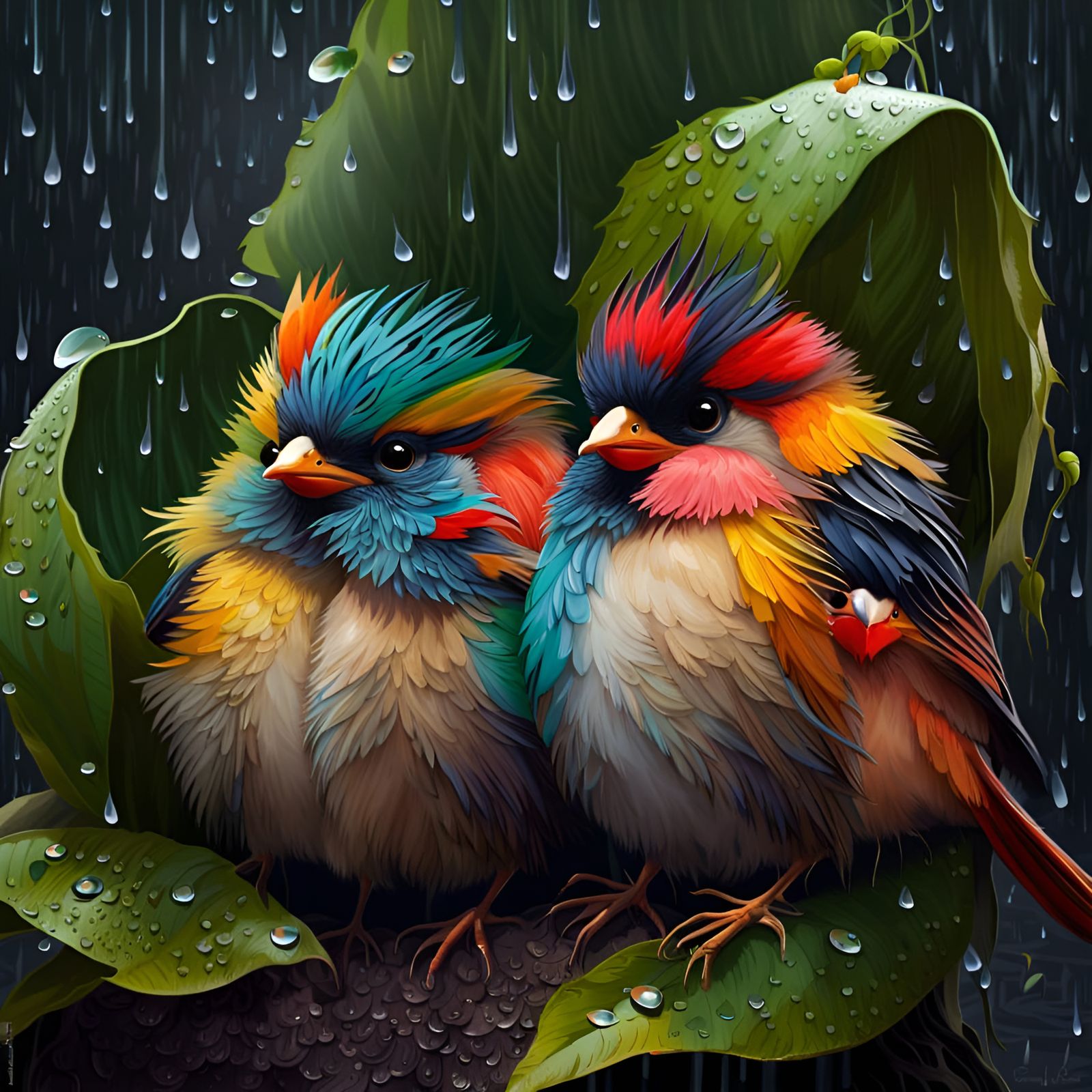 Colorful Birds hiding from the Rain