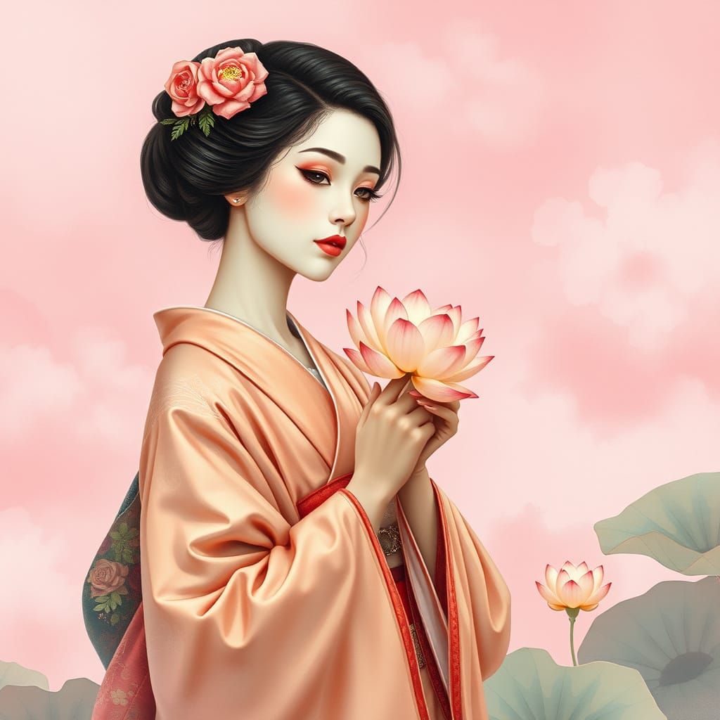 Geisha with Lotus Flower in Art Nouveau Style