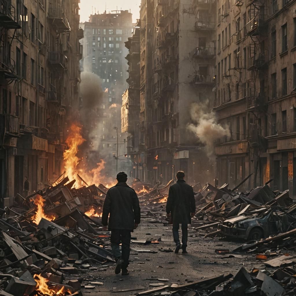 Explosive City Ruins in Cinematic Film Still