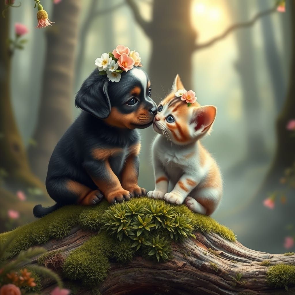 Playful Puppy and Kitten Kiss in Whimsical Forest