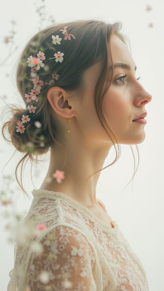 Serene Young Woman Surrounded by Blooming Wildflowers in Pas...