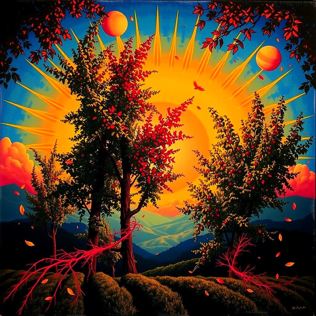 Vibrant Landscape with Golden Leaves and White Light