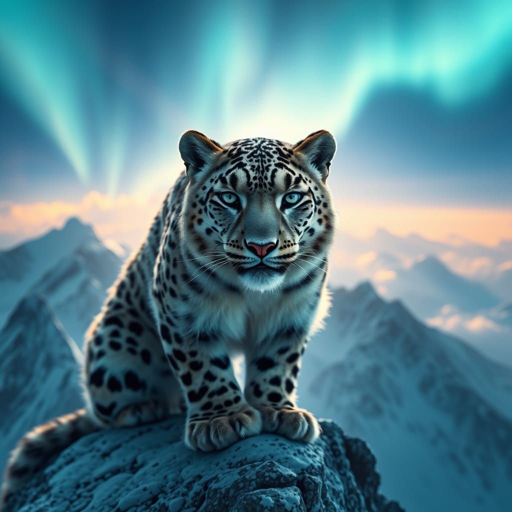 Majestic Snow Leopard on Mountain Peak Under Vivid Aurora Sk...