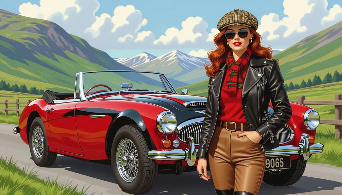 Red-Haired Woman and Classic Car in Scottish Highlands