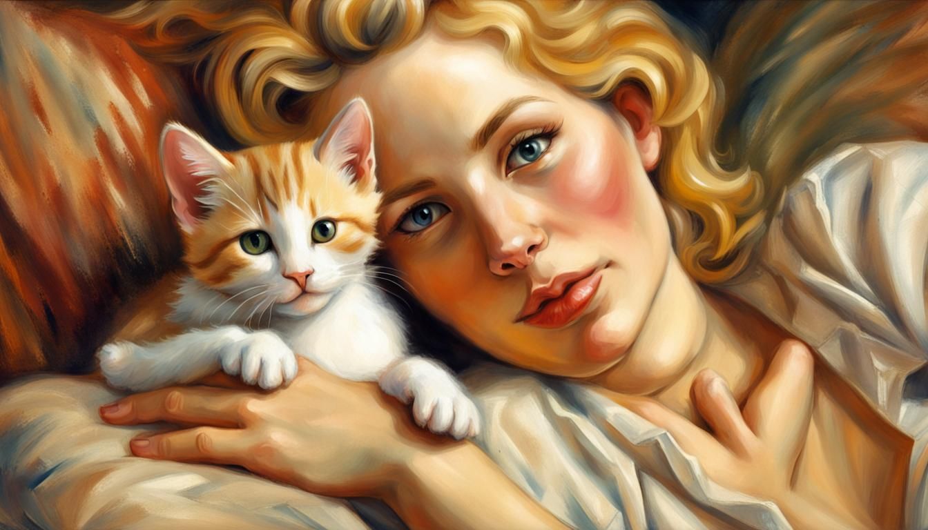 Woman with Kitten in Renoir-Inspired Style