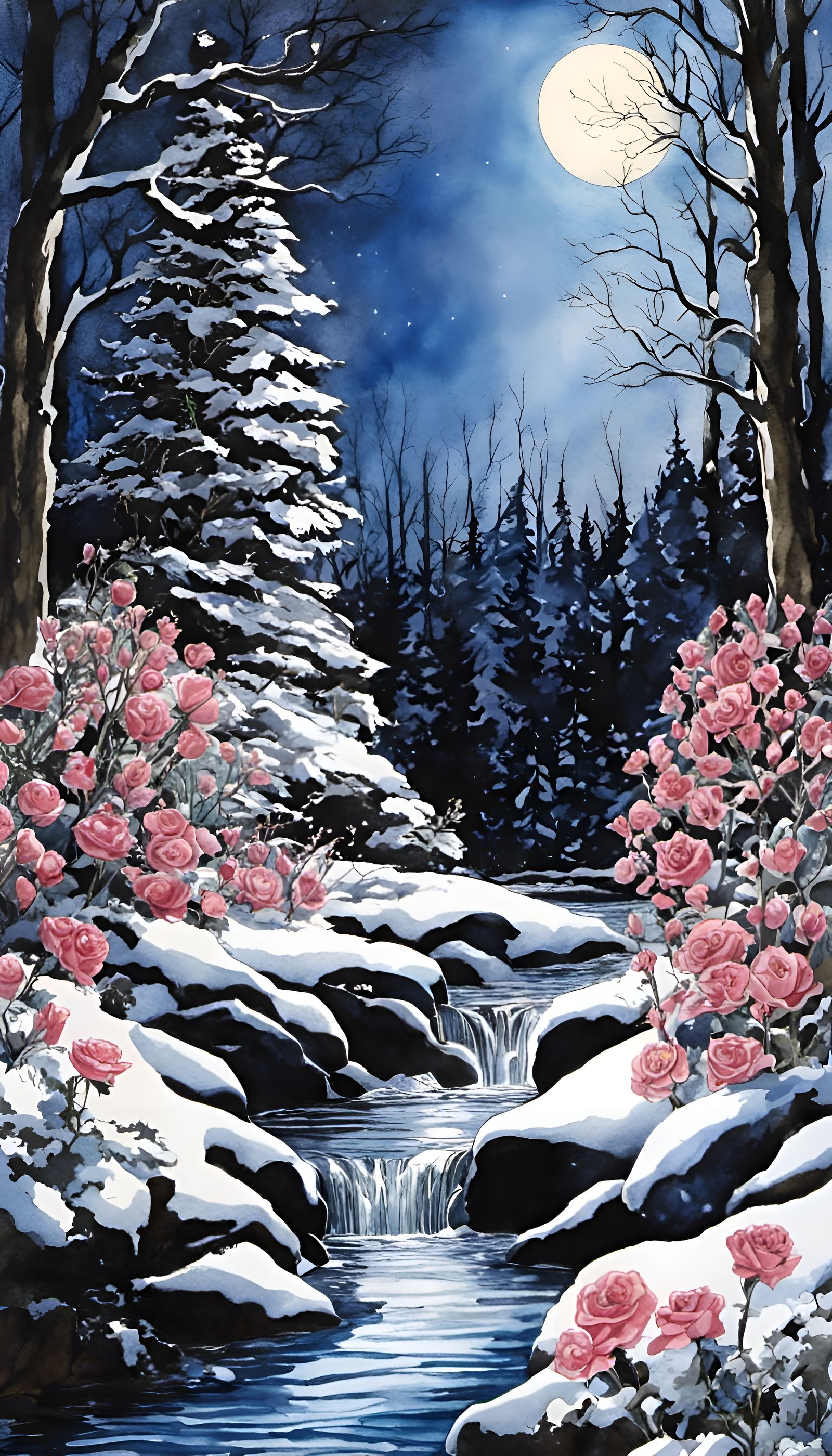 Moonlight reflected on bright shimmering snow in a dark faer...