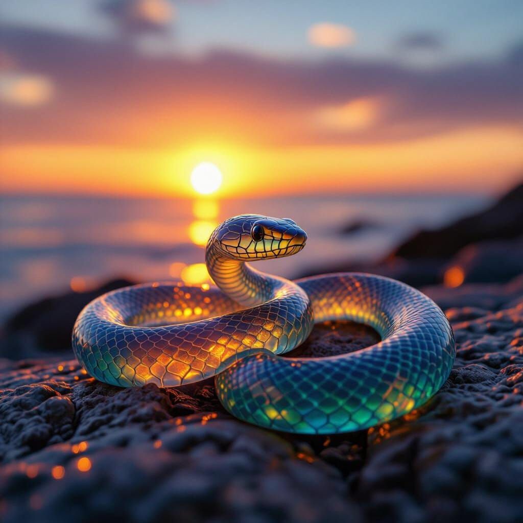 Sea Glass Snake Watches Fiery Sunset Over Ocean