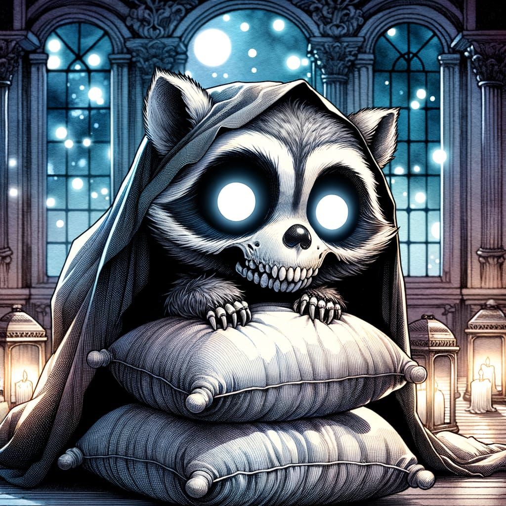 Undead Chibi Raccoon Building Pillow Fort in Watercolor Styl...