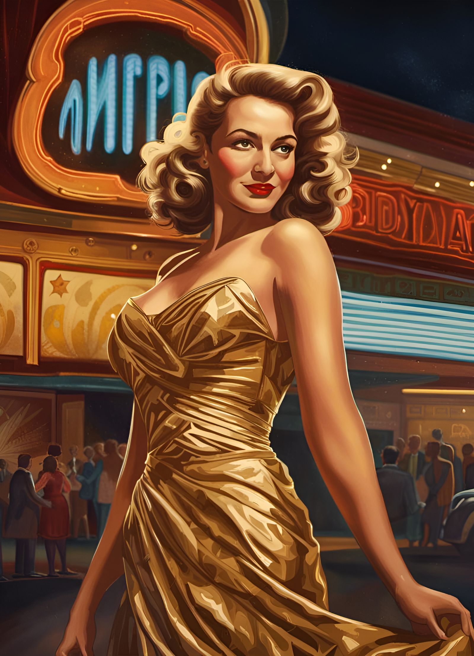 Glamorous Woman in Gold Gown, 1940s Style