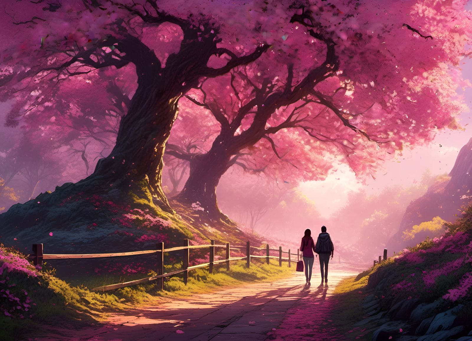 Cherry Blossom Galaxy Path: Surreal Digital Art