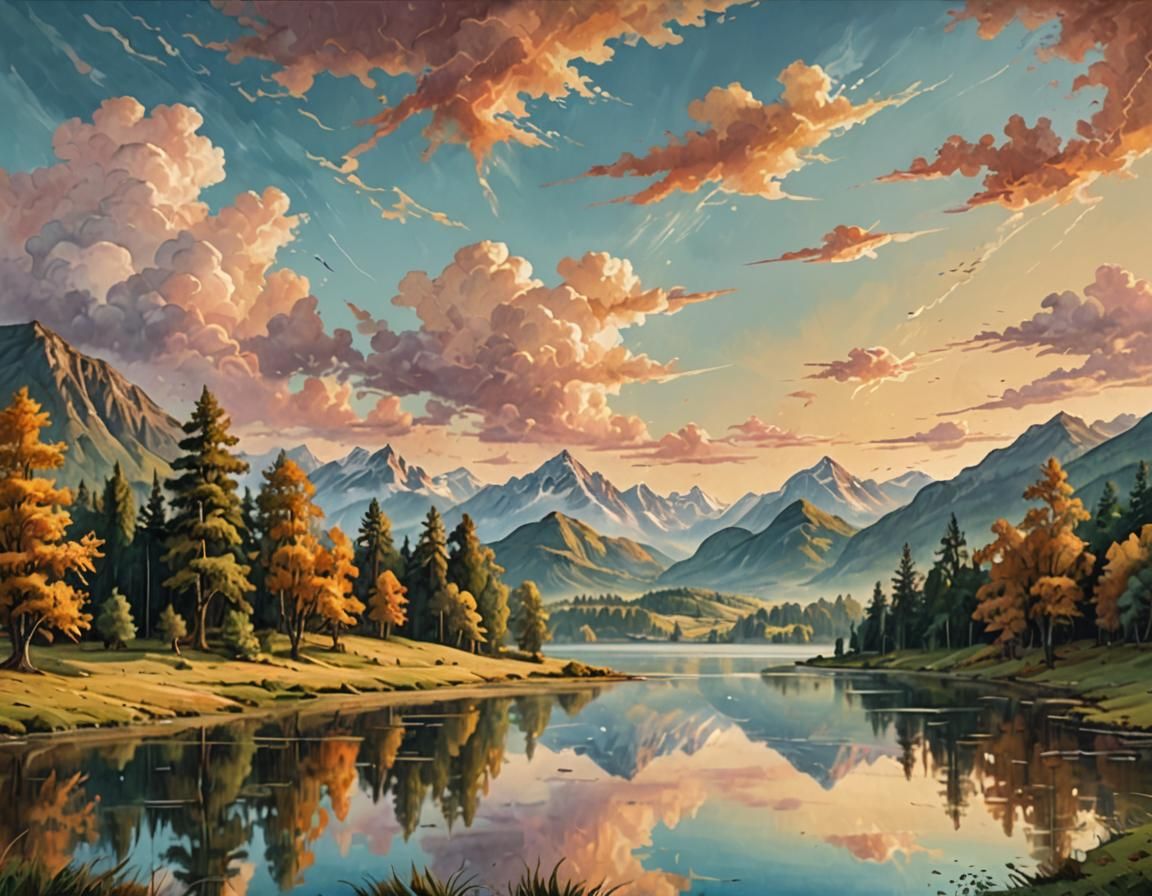 Idyllic Countryside Landscape in Impressionist Oil Painting