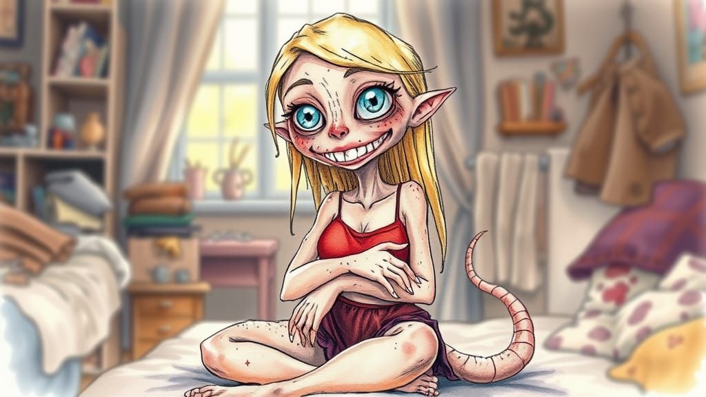 Eerie Alien Girl Illustration in Ink and Watercolor