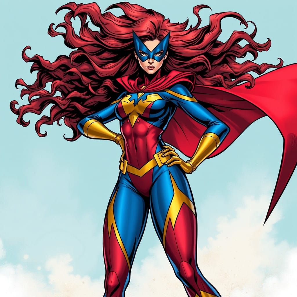 Bold Blue and Red Heroine in Comics Style