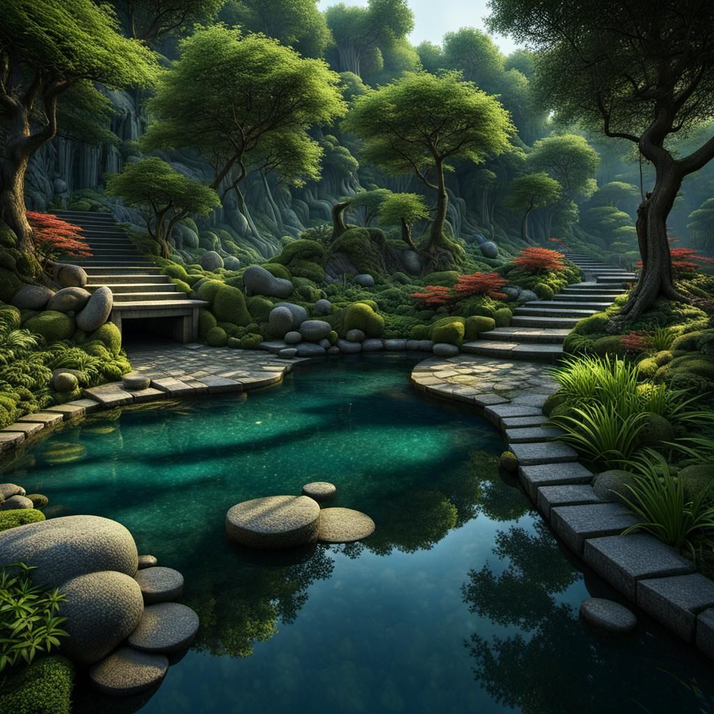 Detailed Zen Garden Path in Matte Painting Style