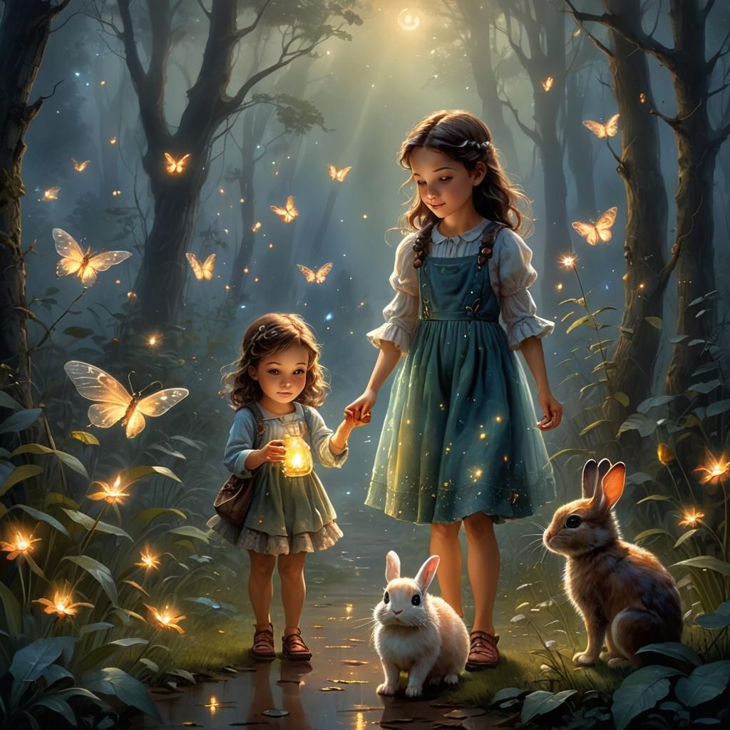 Firefly, Girl, and Bunny in Forest: Kinkade Style