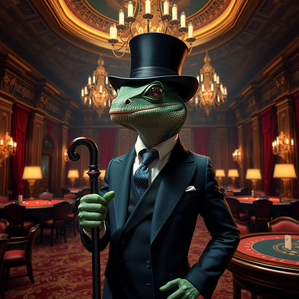 Dapper Lizard Gambler in a Fantasy Casino