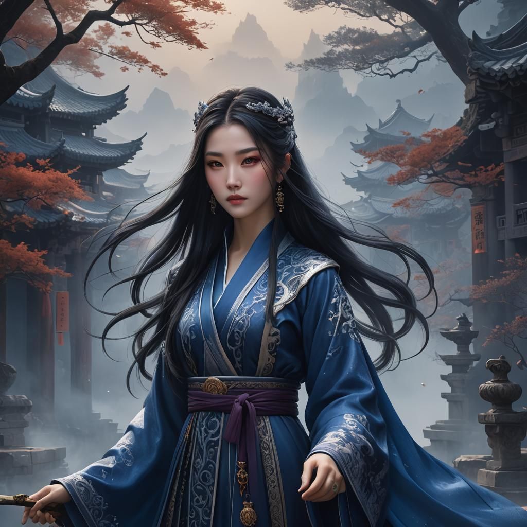 Royals Xianxia in indigo. fog covering the earth.