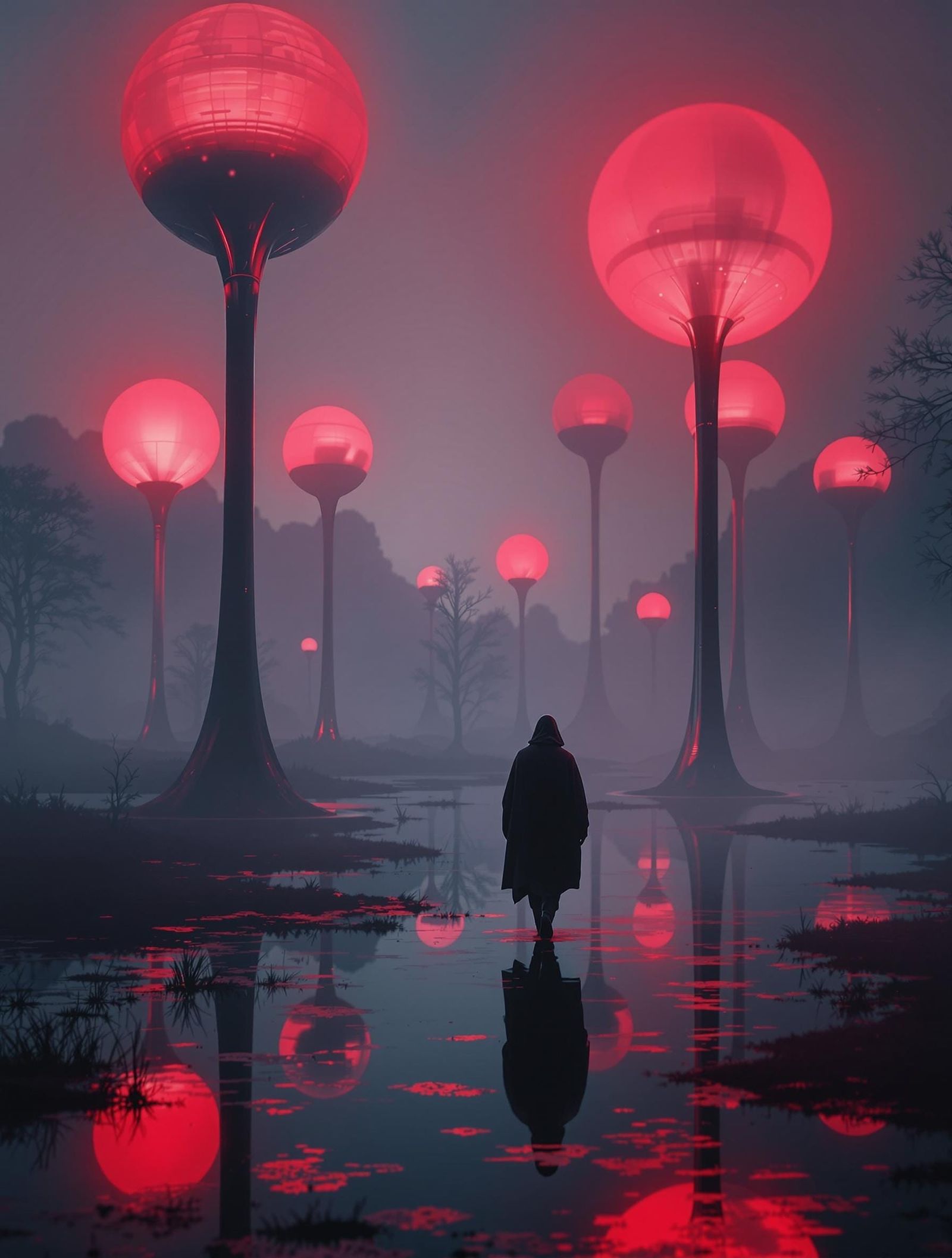 Surreal Sci-Fi Figure Emerges from Crimson Reflections