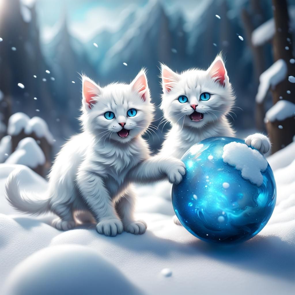 Fluffy Kittens Play with Snowball