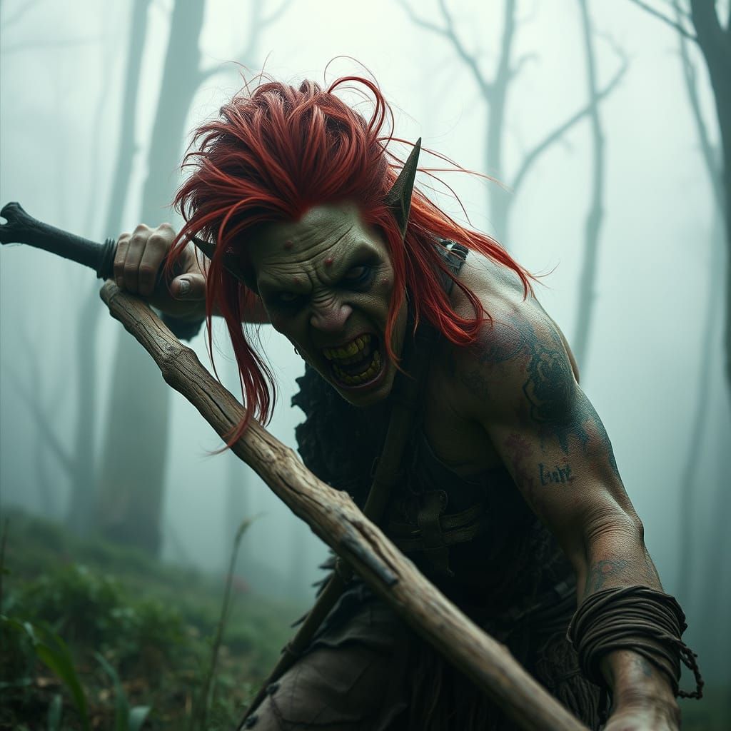 Gritty Female Ogre Attacking in Misty Woodland