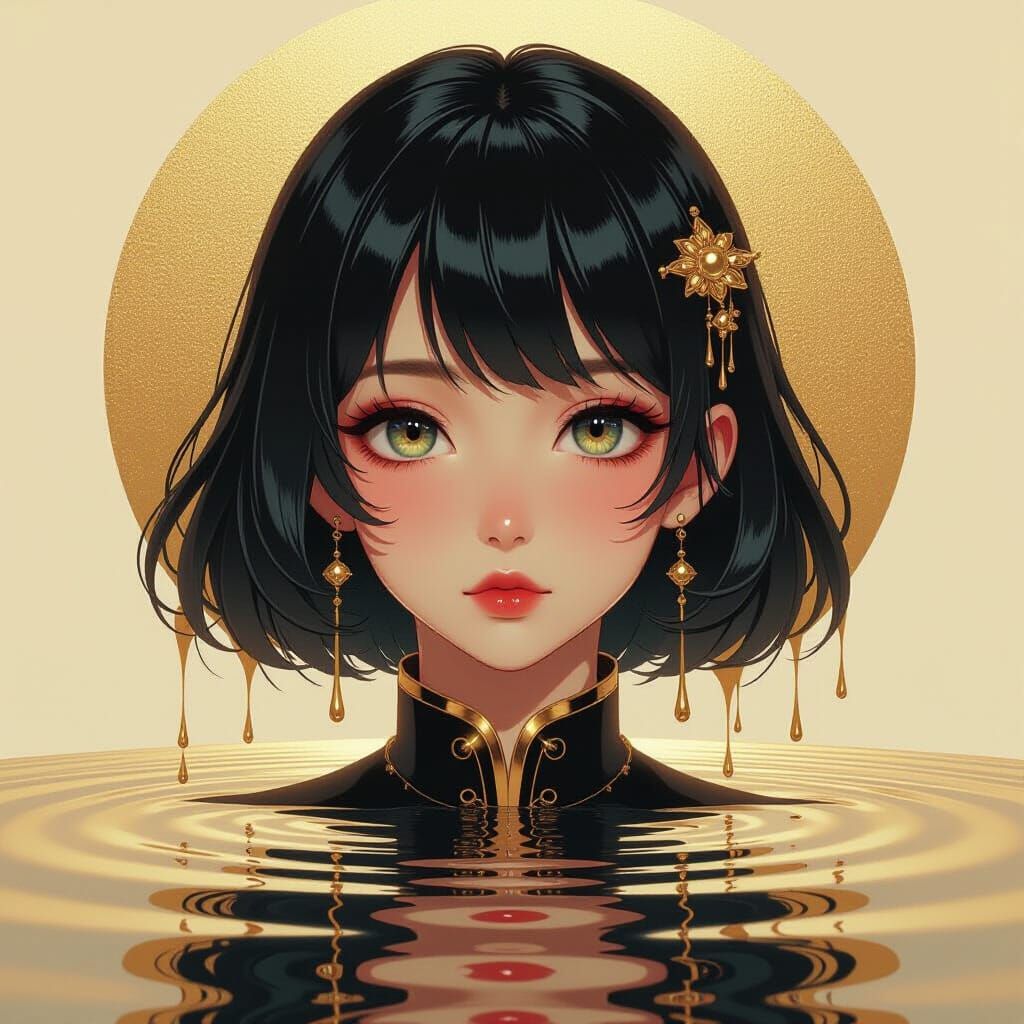 Dramatic Liquid Anime Girl in Gold