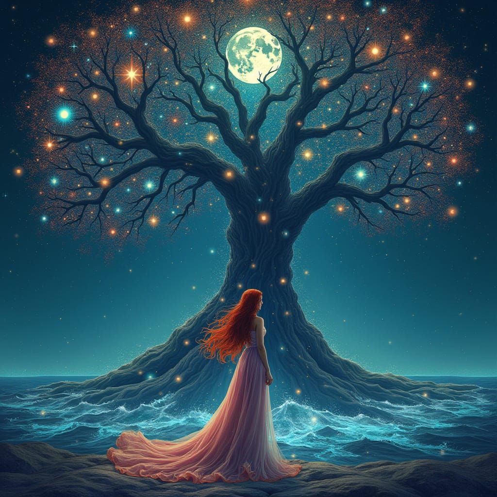 Bioluminescent Tree and Serene Woman in Art Nouveau Style