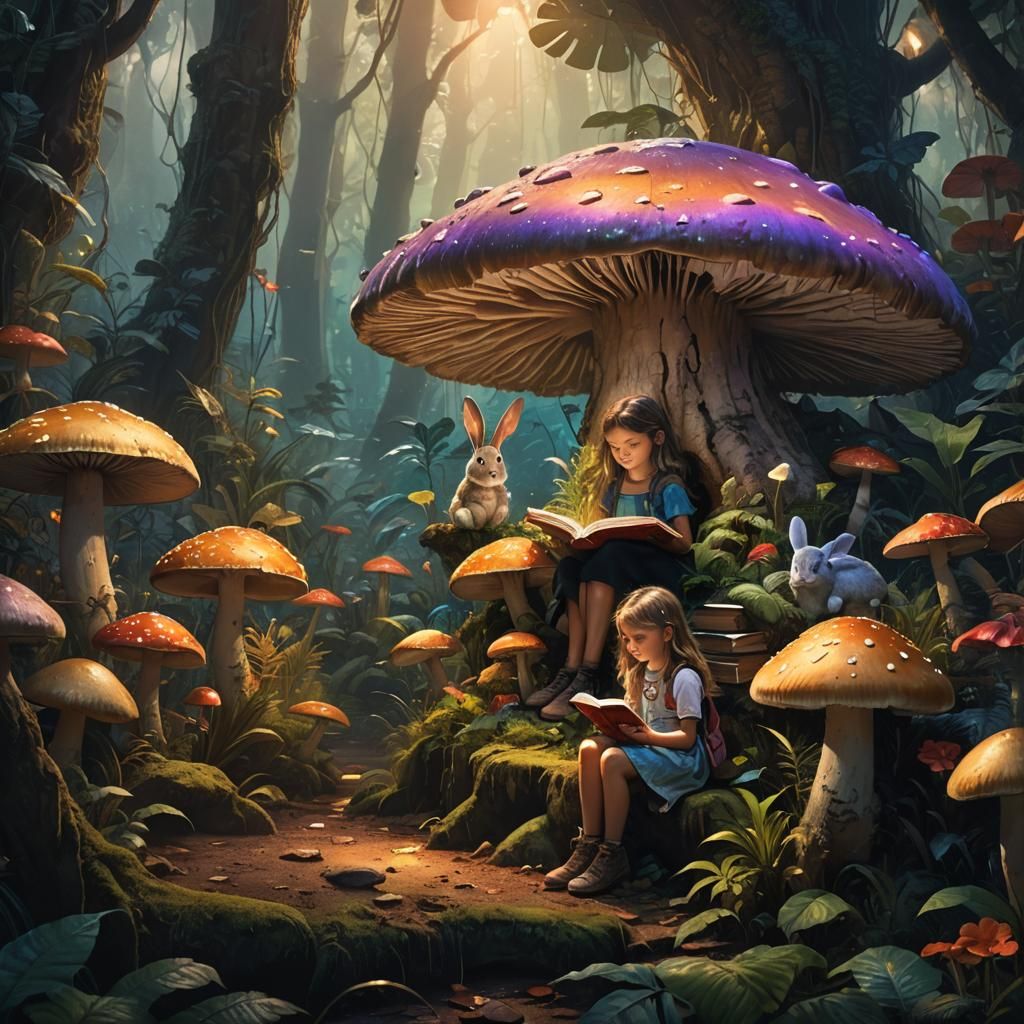 Fantasy Girl Reading Book Under Mushroom: Matte Painting