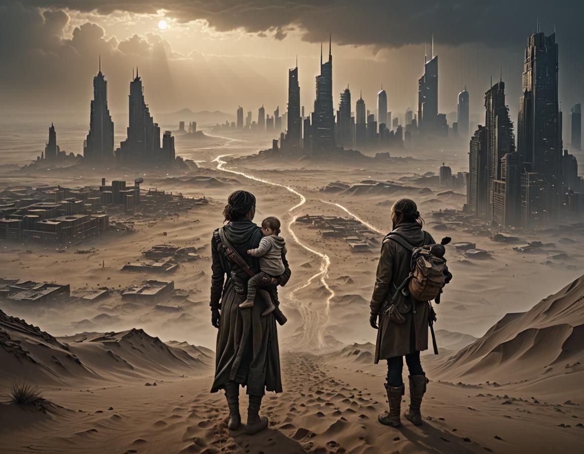 Dystopian Mother and Child in Post-Apocalyptic Landscape