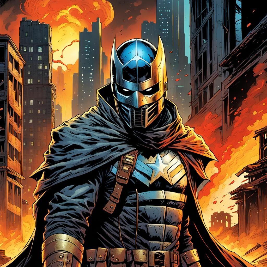 Freedom Fighter in Ruined Cityscape, Comic Book Art